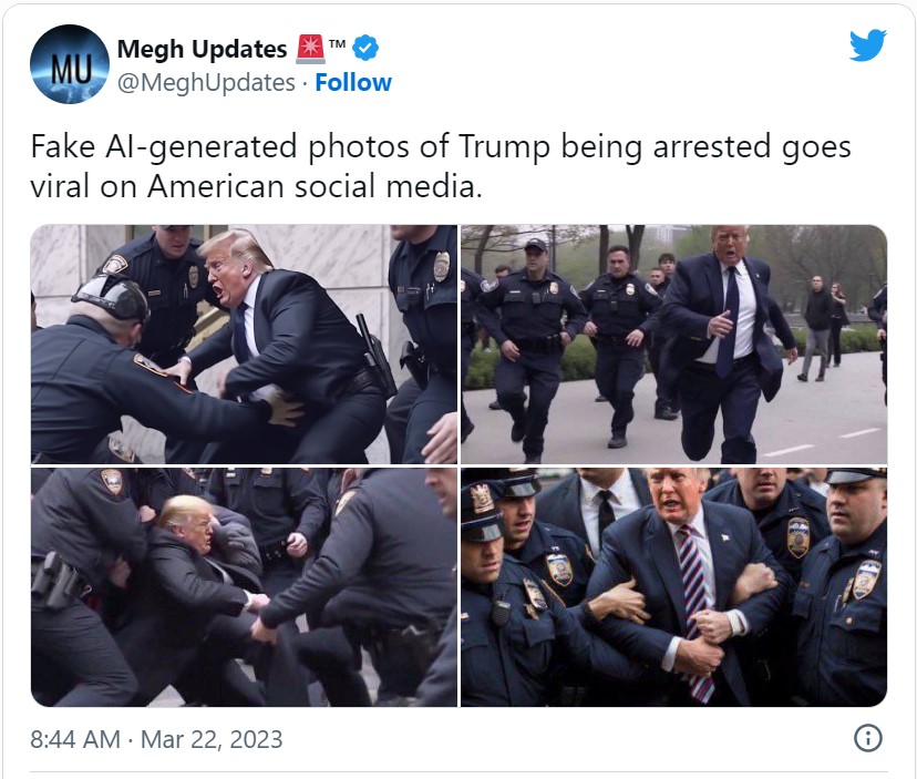AI generated photos of Donald Trump being arrested - as shown on Twitter